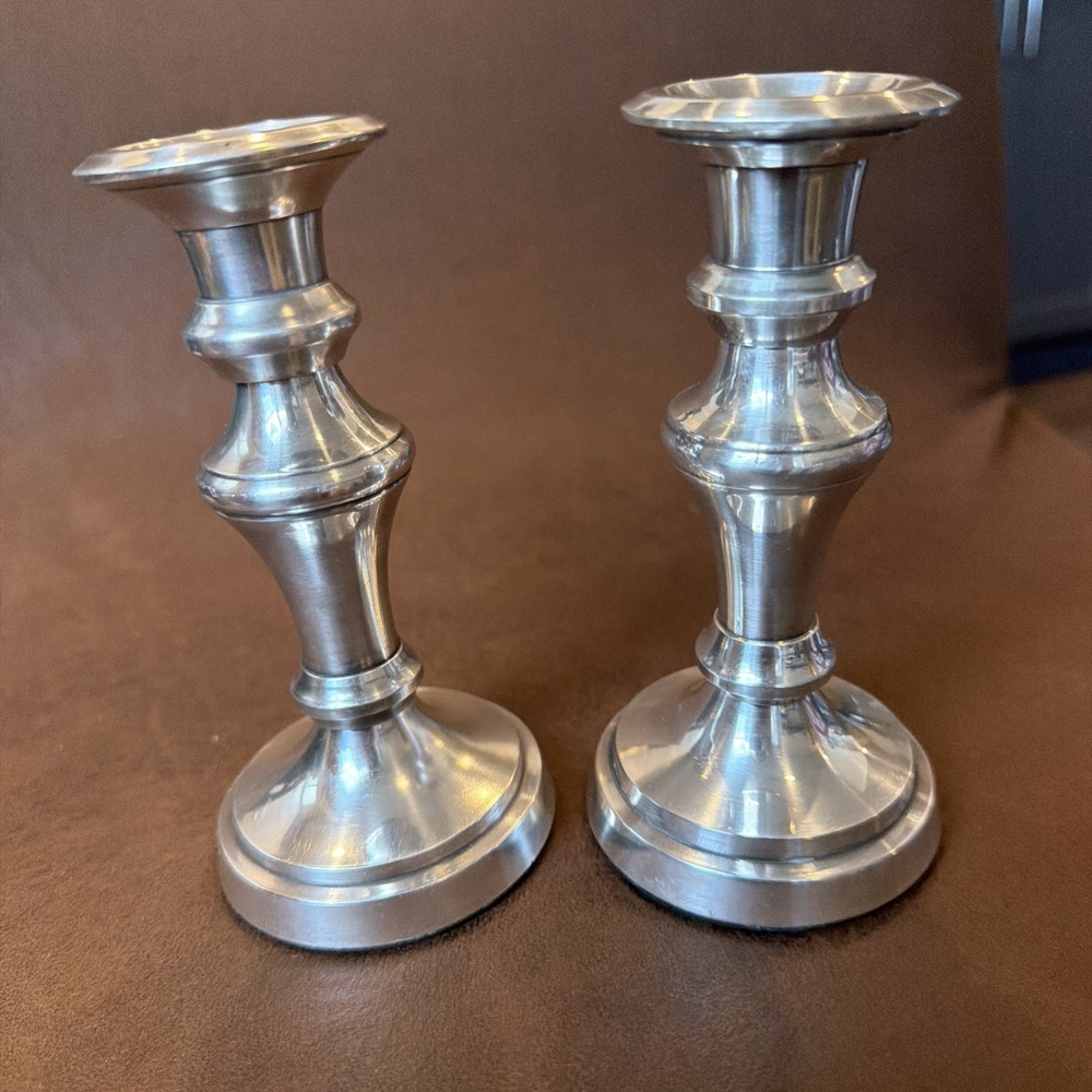 Restoration Hardware Brushed Nickel Taper Candle Holders Pair 5.5"